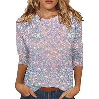 3/4 Length Sleeve Womens Tops Fashion Casual Loose Regular Flowers and Plants Round Neck Tee Shirts