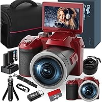 64MP 4K Digital Camera for Photography, Vlogging Cameras for YouTube with 3” Flip Screen,16X Digital Zoom, WiFi& Autofocus,Cameras Strap&Tripod,2 Batteries, 32GB TF Card(S200，Red