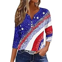 Womens Tops Summer Casual 3/4 Length Sleeve V Neck Loose Shirts 4Th July Outfit American Flag T-Shirt Blouses