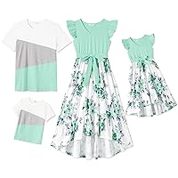 PATPAT Matching Family Outfits Mother and Daughter Floral Printed Ruffle Cuffs Dresses and Short Sleeve T Shirts Set