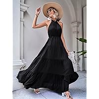 Women's Dress Dresses for Women Solid Tie Backless Ruffle Hem Halter Dress (Color : Black, Size : Medium)