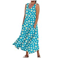 Summer Dresses for Women 2024 Maxi O-Neck Sleeless Hanky Hem Casual Relaxed Fit Stretch Womens Dresses Summer 2024