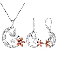 YL Hummingbird Pendant Necklace 925 Sterling Silver Celtic Moon Dangle Earrings Created Garnet Flower Jewelry Set for Women
