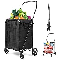 Realife Foldable Shopping Cart with Liner, Portable Utility Cart with Wheels for Grocery and Heavy Duty, 120lbs, Black