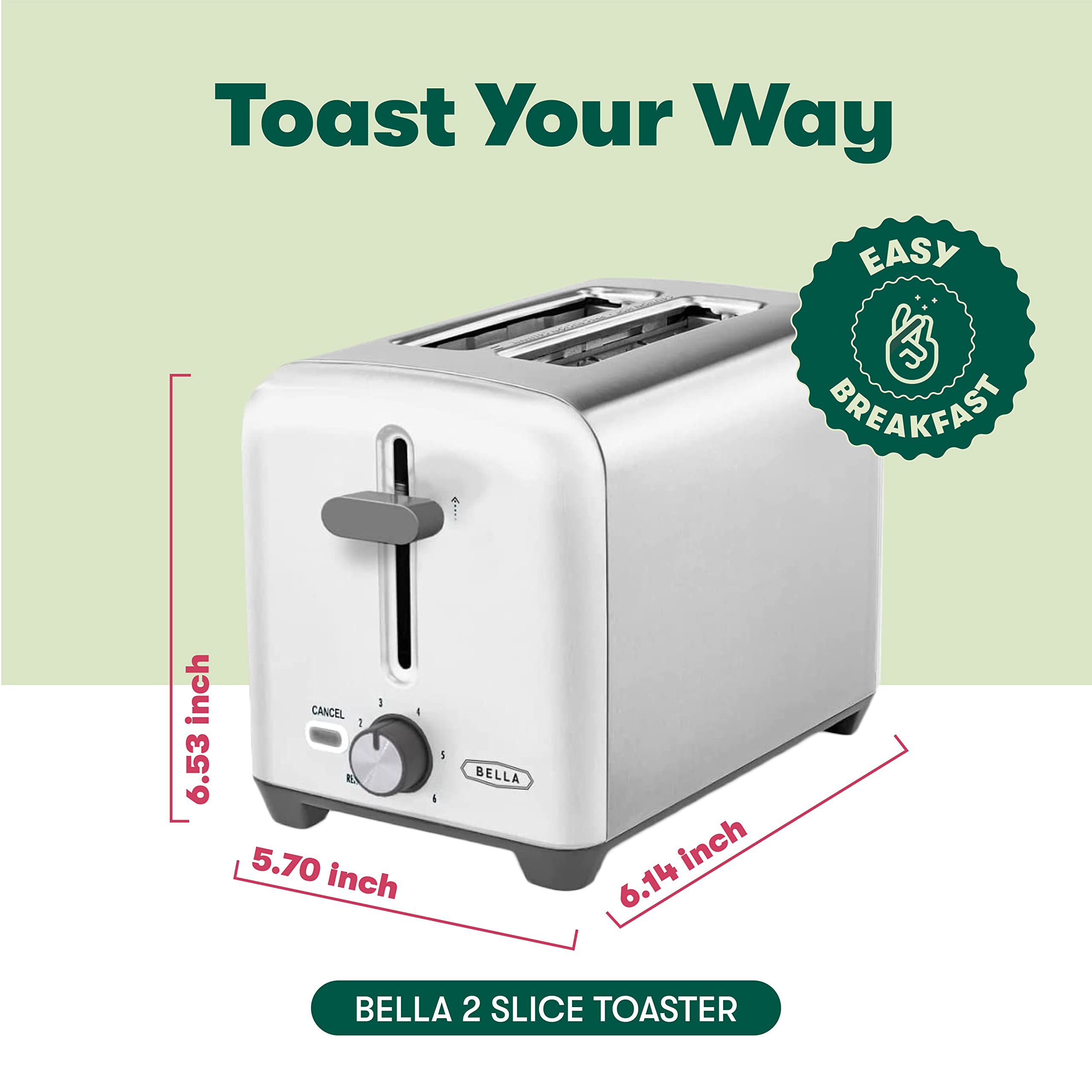 BELLA 2 Slice Toaster, Quick & Even Results Every Time, Wide Slots Fit Any Size Bread Like Bagels or Texas Toast, Drop-Down Crumb Tray for Easy Clean Up, Stainless Steel and White