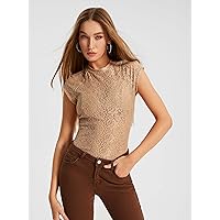 Women's Tops Shirts Sexy Tops for Women Mock Neck Raglan Sleeve Lace Top Shirts for Women (Color : Camel, Size : Large)