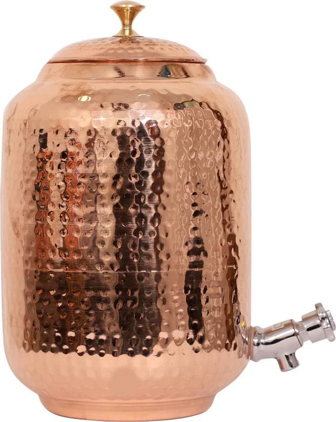 Hand Crunch Pure copper drinkware water dispenser - 8L- hammered finish- Pot ayurveda health healing 8 Liter storage capacity water container tank with 2 matching tumbler glasses & 1 copper Bottle