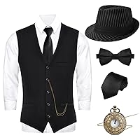 1920s Mens Costume-Roaring 20s Costumes for Men Great Gatsby Vest Fedora Hat Pocket Watch Bow Tie and Tie
