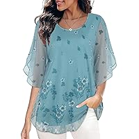 SeSe Code Womens Ruffle 3/4 Sleeve Mesh Blouses Loose Flowy Tops Stretchy Shirts