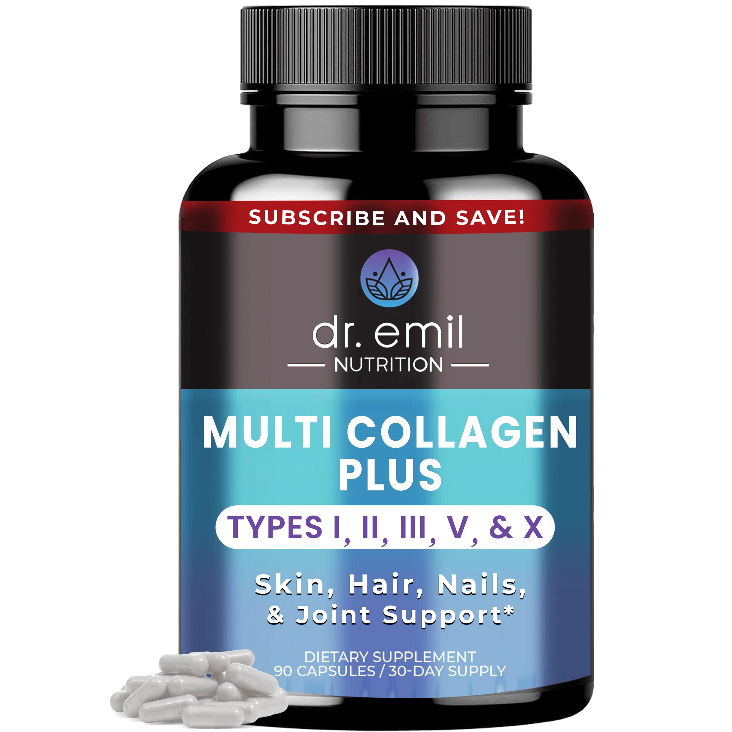 DR EMIL NUTRITION Multi Collagen Pills - 1735mg Collagen Supplements to Support Hair, Skin, Nails, & Joints - Hydrolyzed Collagen Supplements for Women, 30 Servings