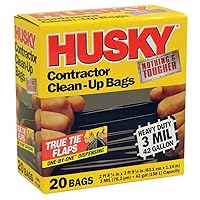 Husky HK42WC020B 42-Gallon Polyethylene Resin Contractor Clean-Up Bags, 20 Count, 2 ft 8.75in L x 3 ft 9.13 in W x 3 mil T, Black
