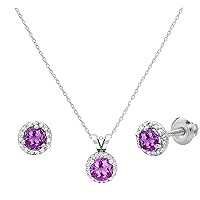 Dazzlingrock Collection Round Amethyst and White Diamond Halo Style Pendant & Stud Earrings Set for Women in White Gold