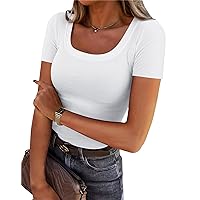 Chulianyouhuo Women's Short Sleeve Scoop Neck Ribbed Knit Fitted Casual Tops Tee Summer Slim Basic Shirts