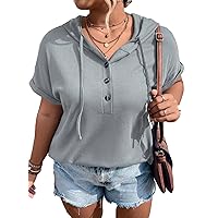 Eytino Womens Plus Size Tops Hoodie V Neck Short Sleeve T Shirts Waffle Knit Button Down Pullover Tops (1X-5X)