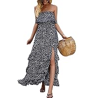PEHMEA Women's Boho Floral Dress Off Shoulder Ruffled Slit Flowy Tiered Swing Beach Party Maxi Dress