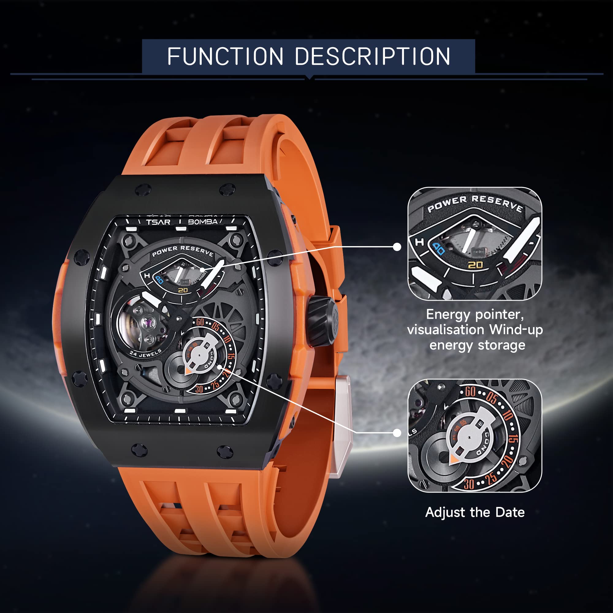TSAR BOMBA Mens Watch Automatic Mechanical Movement Chronograph Original Design 50M Water Resistance with Tonneau Stainless Steel case and Silicone Strap Unique Fashion Gift for Men