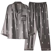 Mens Silk Pajamas Sets Long Sleeve Button-Down Pajamas Sets Large Cozy Silky Casual Loungewear Sets for Mens