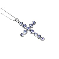 Natural Blue Tanzanite 4 MM Round Holy Cross Pendant Necklace 925 Sterling Silver December Birthstone Tanzanite Jewelry Engagement Necklace Gift For Her (PD-8411)