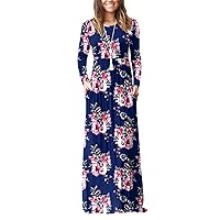 GRECERELLE Women's Long Sleeve Loose Plain Floral Print Maxi Dresses Casual Long Dresses Pockets FP-Navy Blue-Medium
