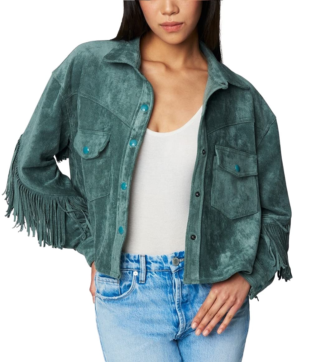 [BLANKNYC] womens Luxury Clothing Faux Suede Fringe Shirt Jacket, Comfortable & Stylish Coat
