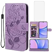 Case for Galaxy A15 5G Case, Samsung A15 5G SM-A156U Wallet Case with Tempered Glass Screen Protector, Flower Leather Flip Credit Card Holder Stand Phone Cover for Samsung Galaxy A15 5G Purple