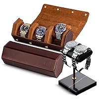 Genuine Leather Watch (Brown/Brown) and Watch Stand (Black/Gold/Black)