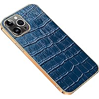 COOVS Case for iPhone 14/14 Plus/14 Pro/14 Pro Max, Classic Crocodile Pattern Genuine Leather Slim Flexible Plated TPU Bumper Back Cover Camera Protection Phone Case (Color : Blue, Size : 14Pro)