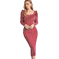 Women's Dress Dresses for Women Confetti Heart Print Gigot Sleeve Dress Without Belt Dresses for Women (Color : Red, Size : Small)