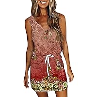 Womens Sundresses Casual Loose Sling V Neck Mini Dress Floral Drawstring Tank Dress with Pockets