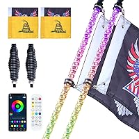 2 PCS 3 FT Whip Light with Spring Base, Led Whip Light with APP & Remote Control, Waterproof 360° Spiral RGB Chasing Lighted Whips with 2 Flags, for UTVs, ATVs, Motorcycles, RZR, Can-am, Go-Kart