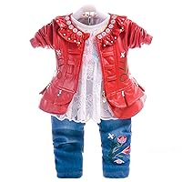Peacolate 6M-3T Baby and Toddler Girls 3pcs Clothing Set Long Sleeve T-Shirt Leatheroid Floret Jacket and Jeans(2-3T,RED-Butterfly)