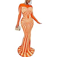 Womens Sexy Long Sleeve O Neck Mesh Rhinestones Bodycon Party Clubwear Prom Gown Dress