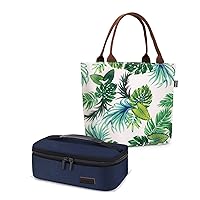 Lunch Bags Leakproof Lunch Tote for Women Small Insulated Lunch Box for Men Food Delivery Cooler Food Containers for Adults Ladies for Work Picnic Beach Palm Leaf + Blue