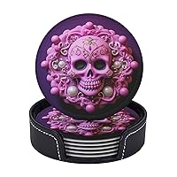 Coasters for Drinks Pink Skull Print Leather Coaster Set of 6 Heat Resistant Drink Coasters Round Cup Mat Pad with Holder for Living Room Kitchen Bar Coffee Decor