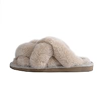 Gabriella Sheepskin Women's Cross Band Slippers Soft Furry Cozy Open Toe House Shoes Indoor Outdoor Warm Comfy Slip On Breathable