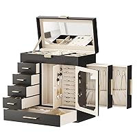 Jewelry Box with Glass Cover, Jewelry Organizer Box with Capacious Storage Space, Jewelry Holder Organizer, Hand-Held Jewelry Case, Large Mirror, Modern Style, Black and Light Gold BK06JB04G1