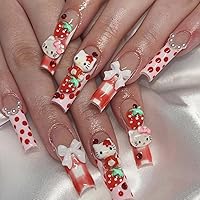 French Tips Press on Nails Long Coffin- 24 Pcs Cute Fake Nails with Charms Acrylic Glue on Nails French Bow False Nails Full Cover Stick on Nails for Women and Girls Manicure Decorations