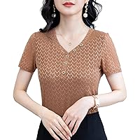 Women's Casual Button-Down Lace Tops Fashion V-Neck Semi Sheer Short Sleeve Print Blouse Elegant Formal Work Shirt