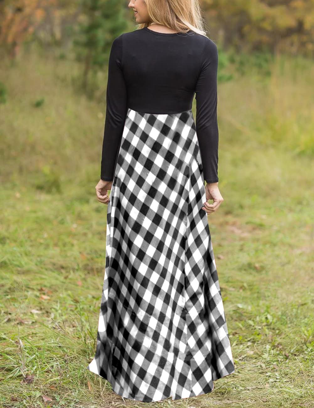 MEROKEETY Women's Long Sleeve Plaid Empire Waist Full Length Maxi Dress with Pockets