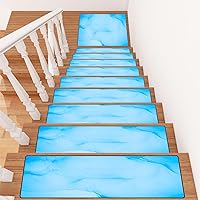 13+1 Wooden Steps Stair Treads Carpet with Landing Stair Rugs Color Marble Sky Colour Water Sky Marbled Paper Background Colored Non-Slip Indoor Stair Runner Mats for Kids Elders Pets