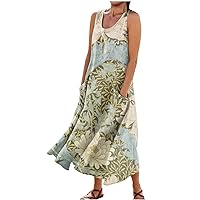 Plus Linen Clothing Sleeveless Maxi Spring Sundress Women Nice Business Loose Fitting Ruched Thin Stretch Floral Tunic Woman Light Blue 3X-Large