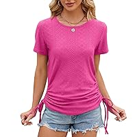 Casual Tops Women Short Sleeve Eyelet T-Shirt Slim Fit Crewneck Blouses Side Drawstring T Shirts Going Out Tee Top