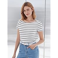 Women's T-Shirt Cotton Boat Neck T-Shirt T-Shirt for Women (Color : White, Size : Medium)