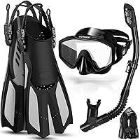 Odoland Snorkel Set, Adults Snorkeling Packages with Dry Top Diving Mask, Adjustable Swim Fins, Mesh Bag, Anti-Fog Anti-Leak Snorkeling Gear for Men Women