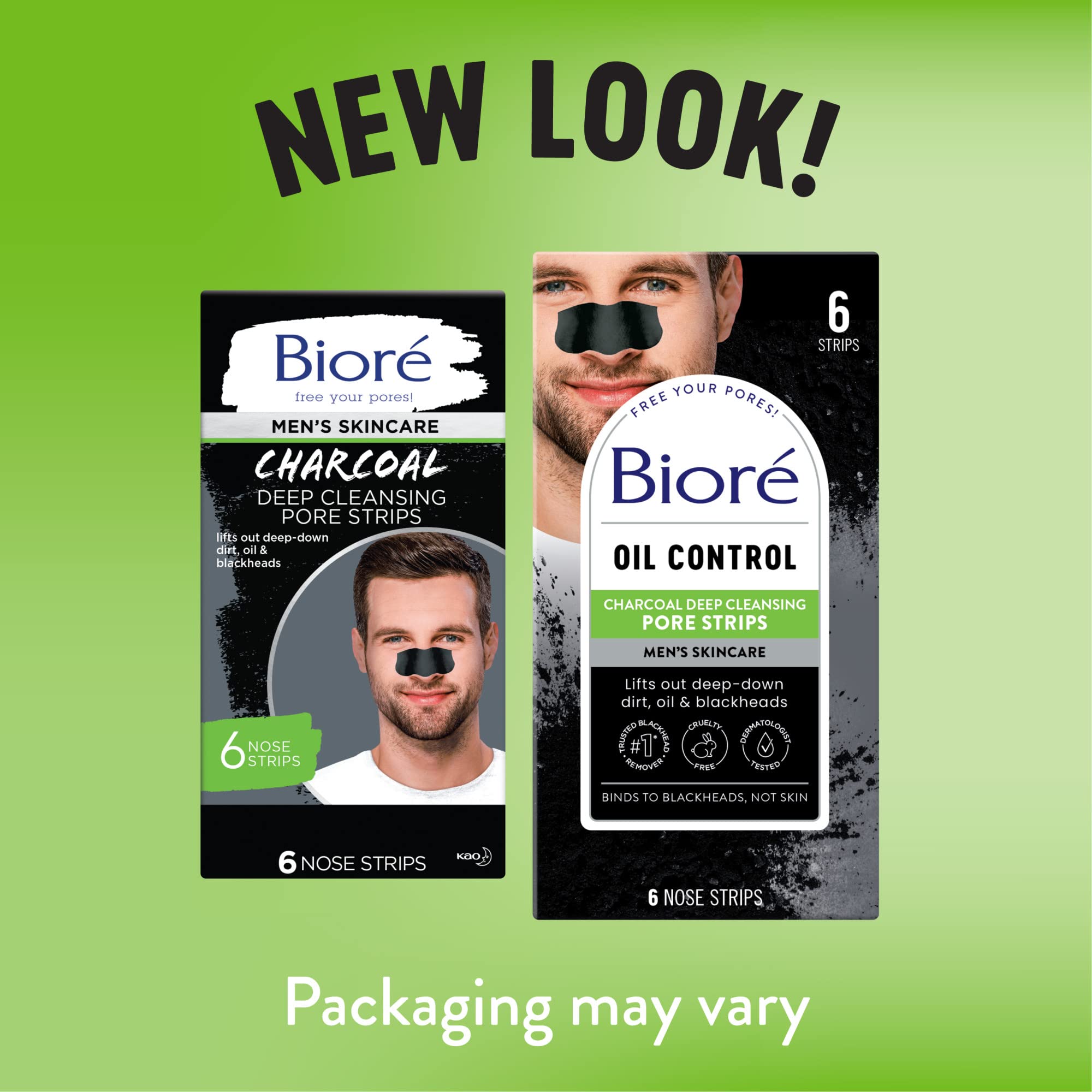 Bioré Men's Blackhead Remover Pore Strips, Charcoal Deep Cleansing Nose Strips for Blackhead Removal on Oily Skin, with Natural Charcoal for Instant Blackhead Removal and Pore Unclogging, 6 Count