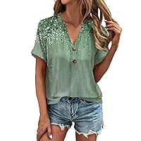 Fathers Day Oversize Classy Top for Women Birthday Short Sleeve V Neck Polyester Tunic Ladie's Slim Comfort Green XL