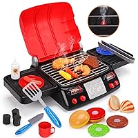Kids Play Food Grill with Pretend Smoke Sound Light Kitchen Playset BBQ Accessories Camping Cooking Set Barbecue Toddler Girl Boy Toy 2 3 4 5 6 Year Old 4-8 Birthday Kid Easter Basket Toy Gift Idea