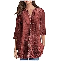Womens Button Down Blouses Cotton Linen Tops 3/4 Sleeve V Neck Tshirt Casual Solid Color Office Work Long Tunic Tees