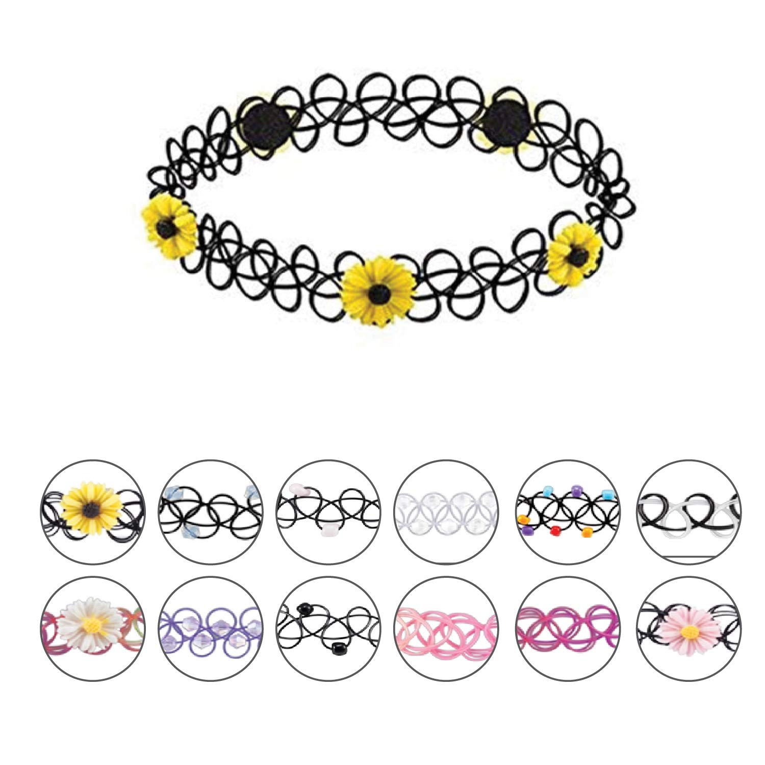 BodyJ4You 24PC Tattoo Choker Necklace Set - 90s Accessories Women Teen Girls Kids - Flower Charms Rainbow Multicolor Stretchy Jewelry - Summer Style Gift Idea