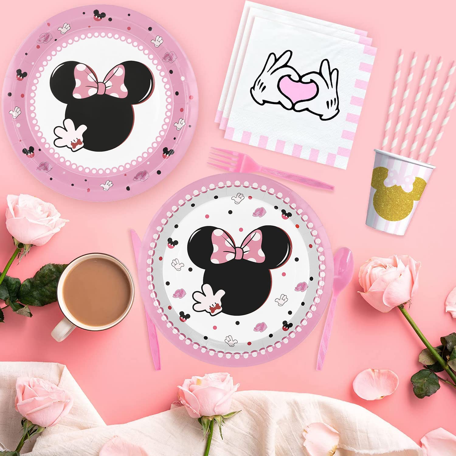 Mouse Birthday Party Supplies,50 Pack Mouse Party Favors,Pink Tableware Paper Plates for Minnie Mouse Themed Baby Shower Birthday Party Decorations